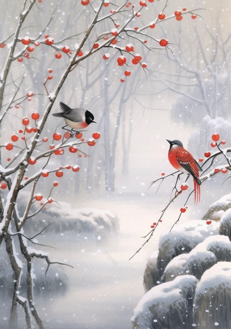 两只鸟对唱梅花大寒节气国风意境鸟类手绘插画,插画/手绘图,插画/手绘图库,插画/手绘图下载,插画/手绘